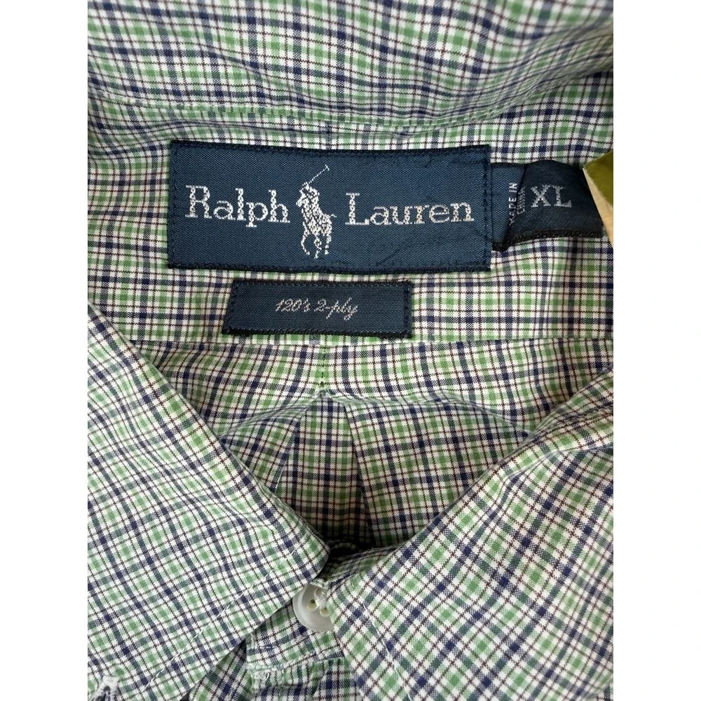 Ralph Lauren Shirt Mens‎ XL Long Sleeve Green Blue Check Plaid 120's 2-ply